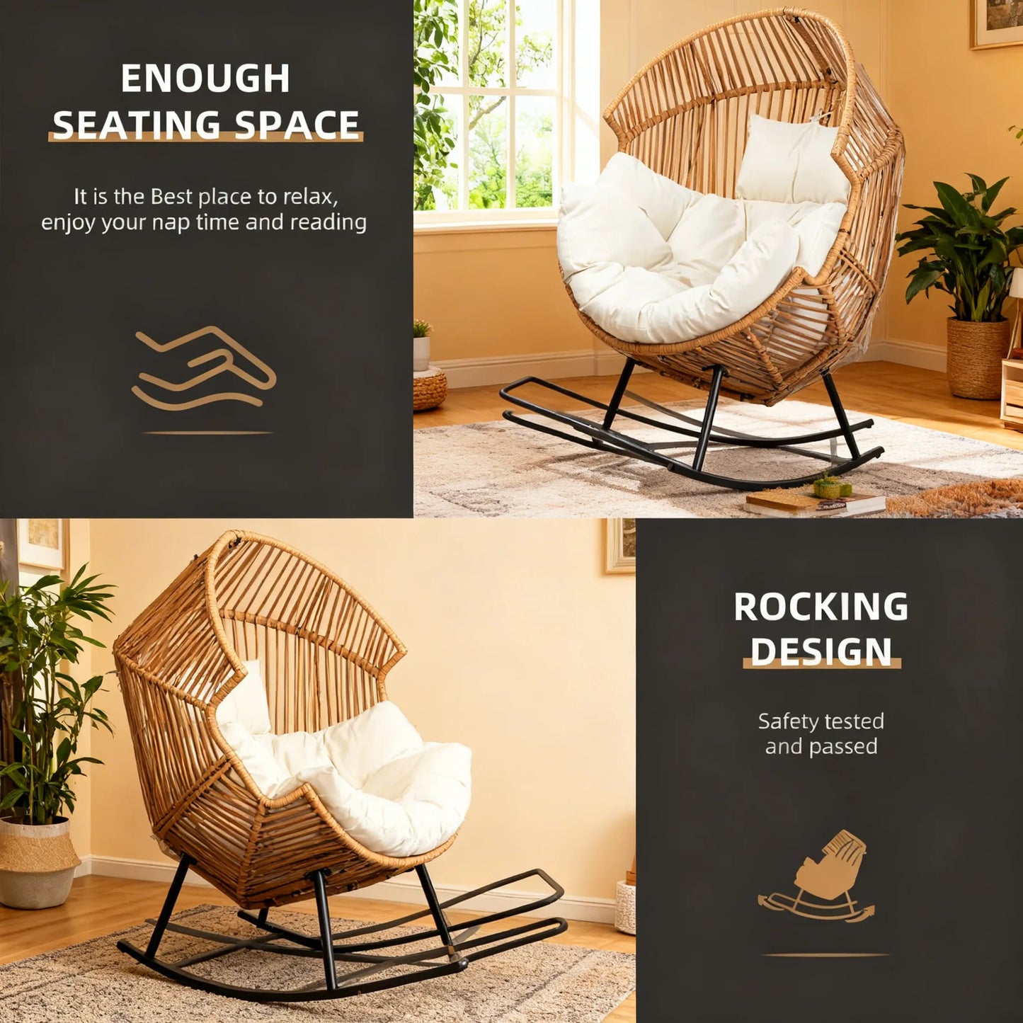 PE Rattan Rocking Egg Chair, Oversized Patio Lounge with Cushion for Backyard, Garden & Indoor Spaces (Beige)