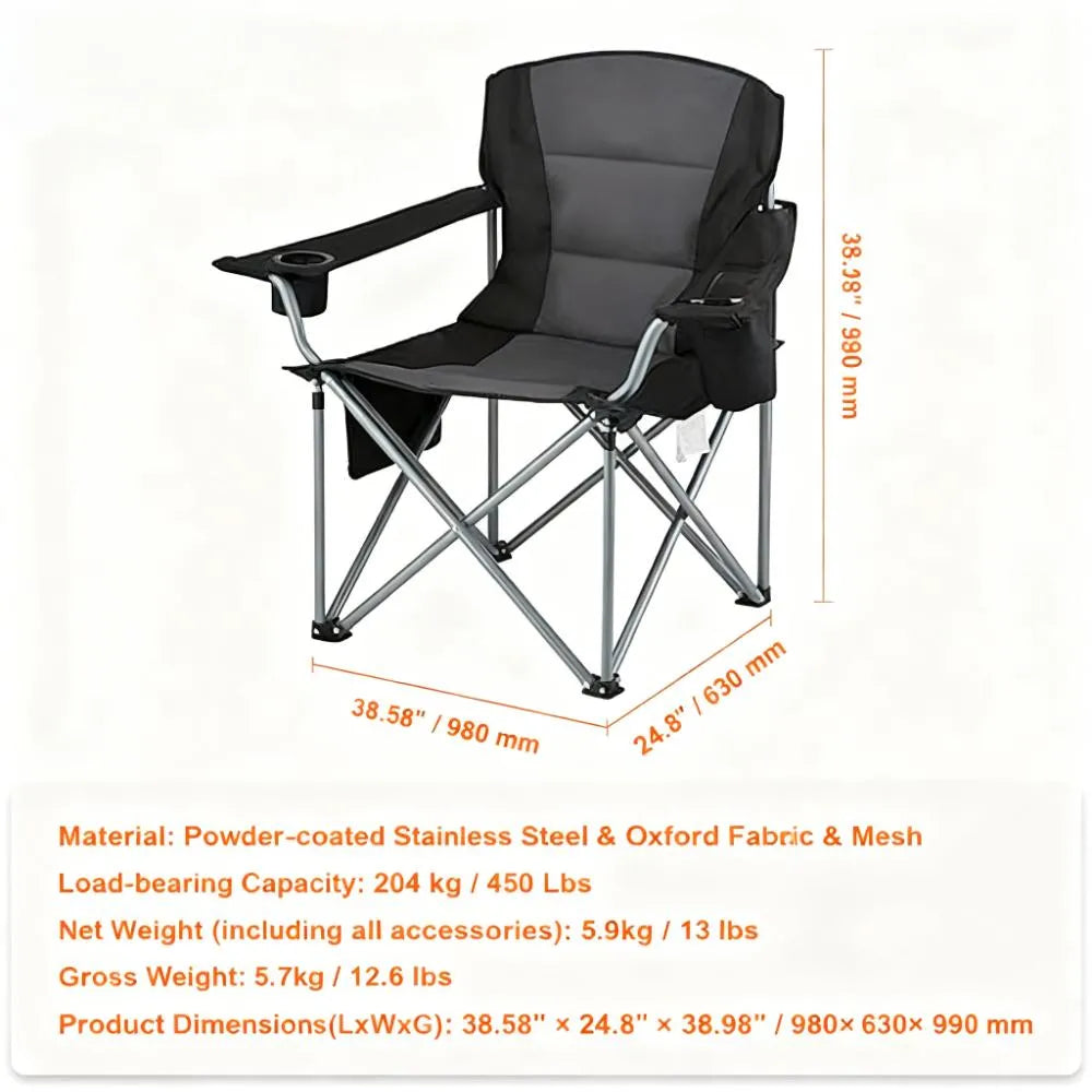 Oversized Camping Chair with Lumbar Support, Heavy-Duty Folding Design with Side Pockets, Cup Holder & Cooler Bag (Black)