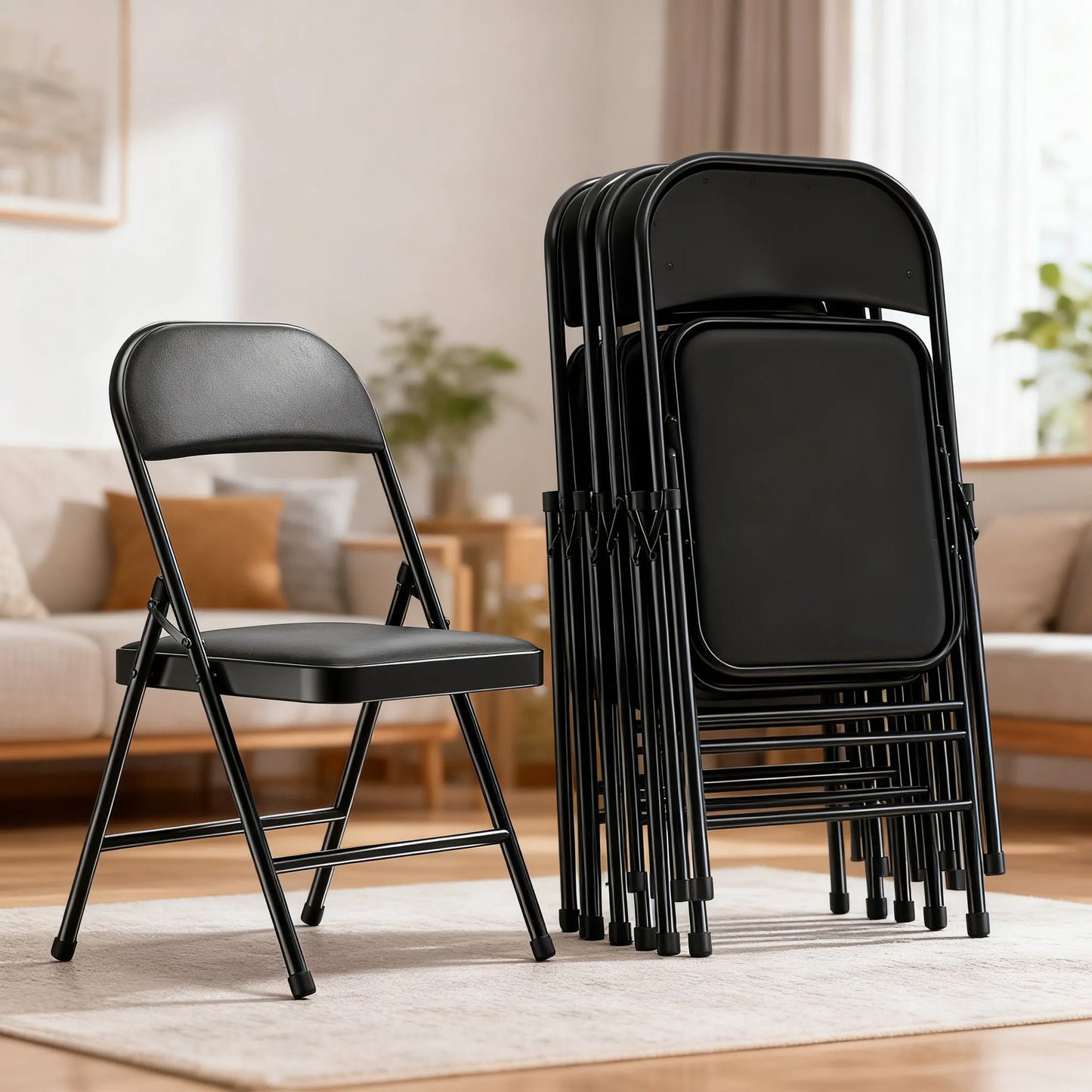 4-Pack Comfort Folding Chairs, Padded Seat with Steel Frame, Indoor & Outdoor Use for Home, Office, Events (Khaki)