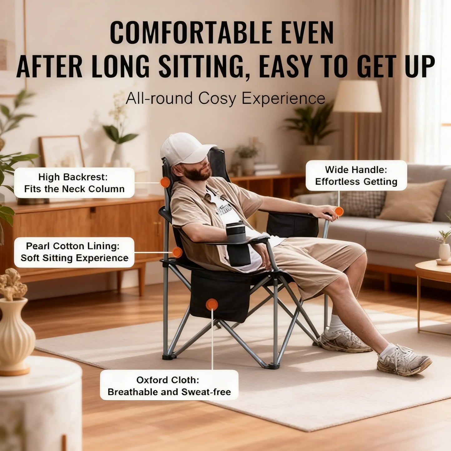 Oversized Camping Chair with Lumbar Support, Heavy-Duty Folding Design with Side Pockets, Cup Holder & Cooler Bag (Black)