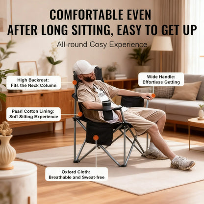Oversized Camping Chair with Lumbar Support, Heavy-Duty Folding Design with Side Pockets, Cup Holder & Cooler Bag (Black)