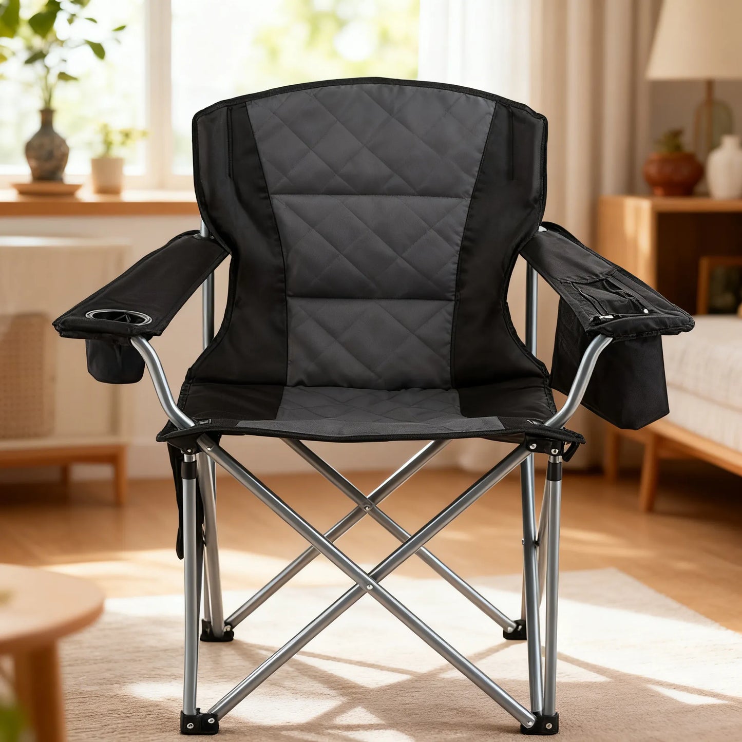 Oversized Camping Chair with Lumbar Support, Heavy-Duty Folding Design with Side Pockets, Cup Holder & Cooler Bag (Black)