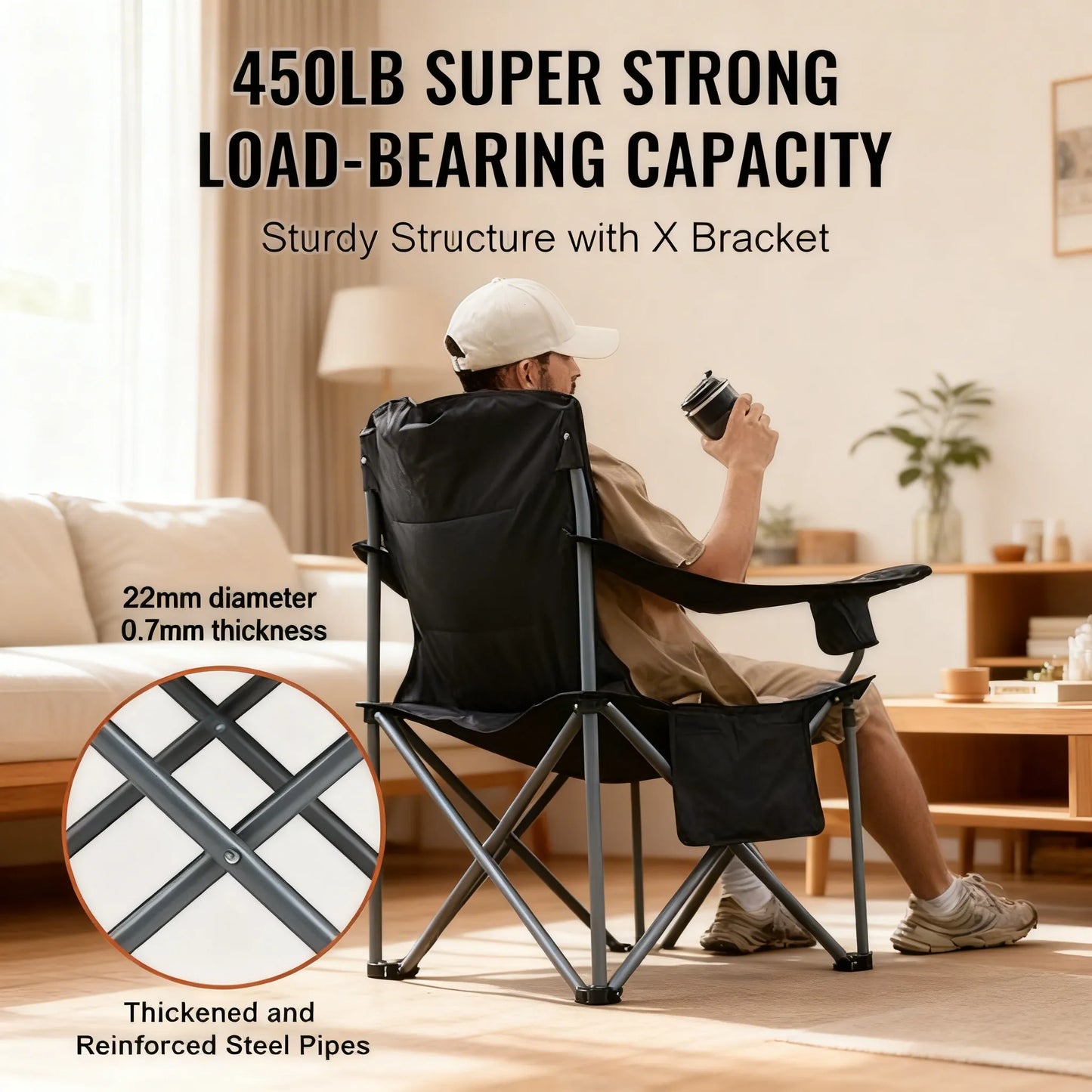 Oversized Camping Chair with Lumbar Support, Heavy-Duty Folding Design with Side Pockets, Cup Holder & Cooler Bag (Black)