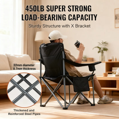 Oversized Camping Chair with Lumbar Support, Heavy-Duty Folding Design with Side Pockets, Cup Holder & Cooler Bag (Black)