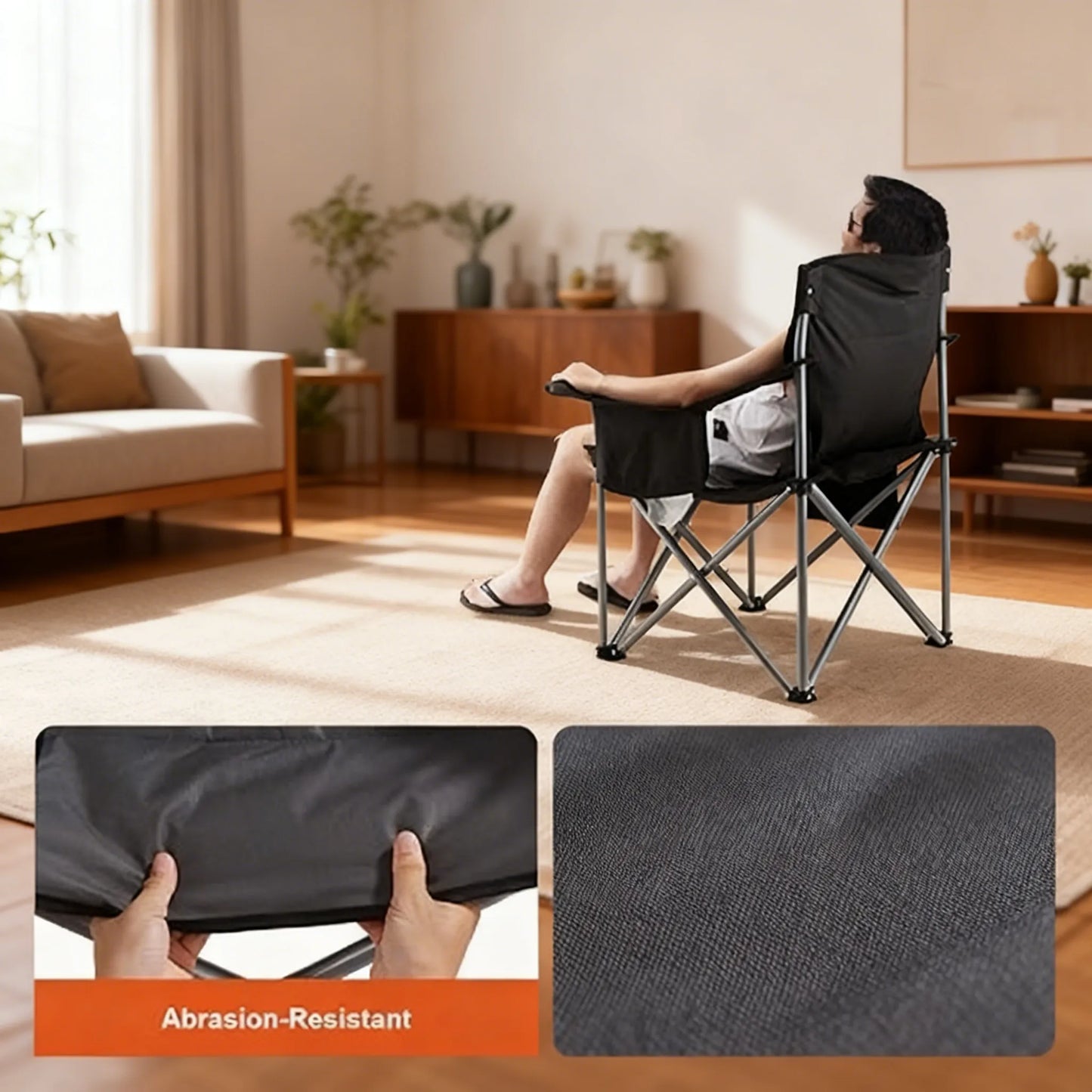 Oversized Camping Chair with Lumbar Support, Heavy-Duty Folding Design with Side Pockets, Cup Holder & Cooler Bag (Black)