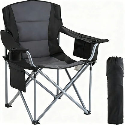 Oversized Camping Chair with Lumbar Support, Heavy-Duty Folding Design with Side Pockets, Cup Holder & Cooler Bag (Black)
