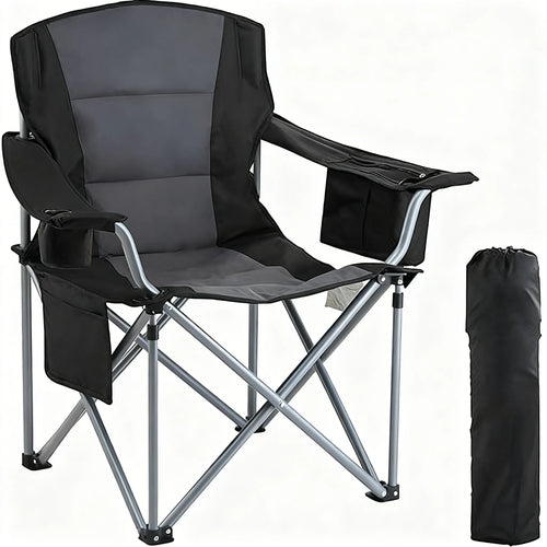Oversized Camping Chair with Lumbar Support, Heavy-Duty Folding Design with Side Pockets, Cup Holder & Cooler Bag (Black)