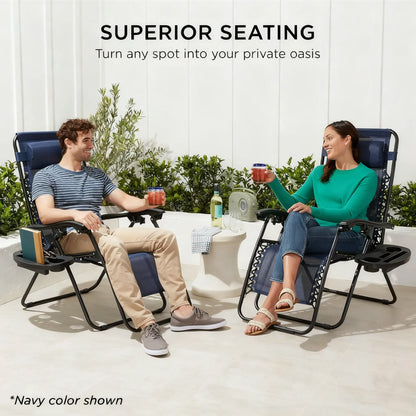 Adjustable Zero Gravity Lounge Chairs Set of 2, Breathable Steel Mesh Design with Pillows & Drink Trays