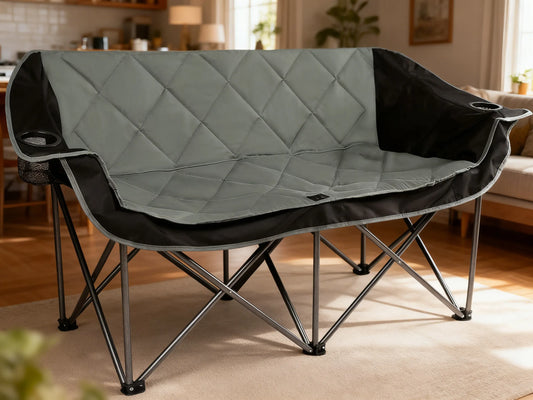 Fully Padded Folding Camping Couch, Oversized Two-Person Chair with Cup Holders, Heavy Duty 650 lb Capacity, Black