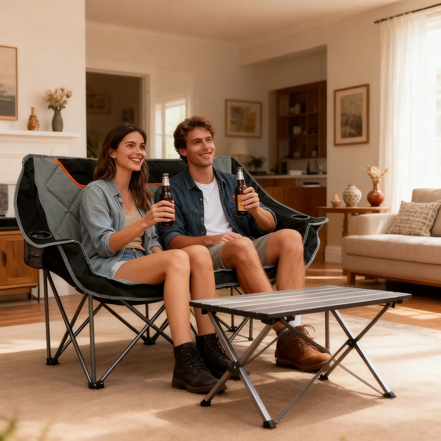 Fully Padded Folding Camping Couch, Oversized Two-Person Chair with Cup Holders, Heavy Duty 650 lb Capacity, Black