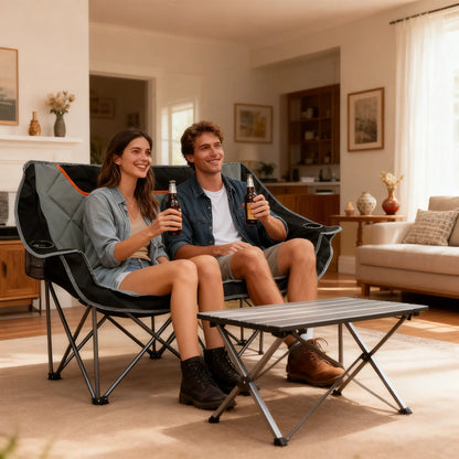 Fully Padded Folding Camping Couch, Oversized Two-Person Chair with Cup Holders, Heavy Duty 650 lb Capacity, Black