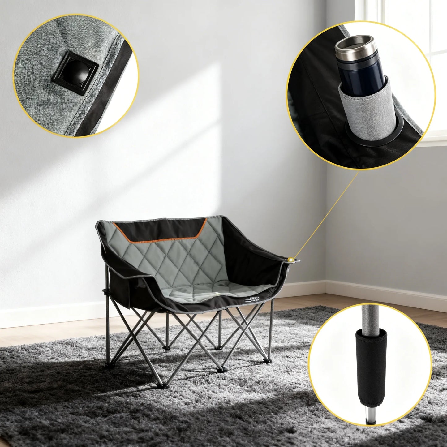 Fully Padded Folding Camping Couch, Oversized Two-Person Chair with Cup Holders, Heavy Duty 650 lb Capacity, Black