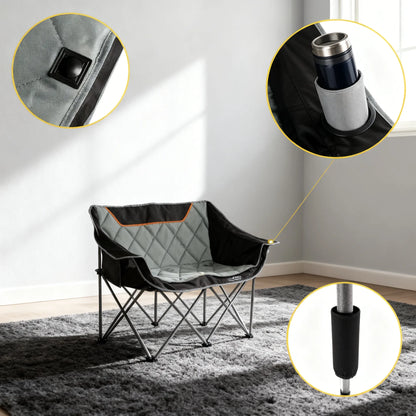 Fully Padded Folding Camping Couch, Oversized Two-Person Chair with Cup Holders, Heavy Duty 650 lb Capacity, Black