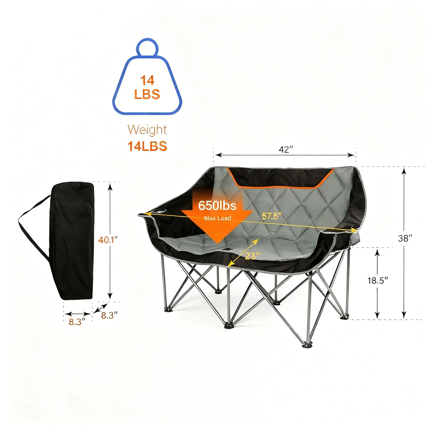 Fully Padded Folding Camping Couch, Oversized Two-Person Chair with Cup Holders, Heavy Duty 650 lb Capacity, Black