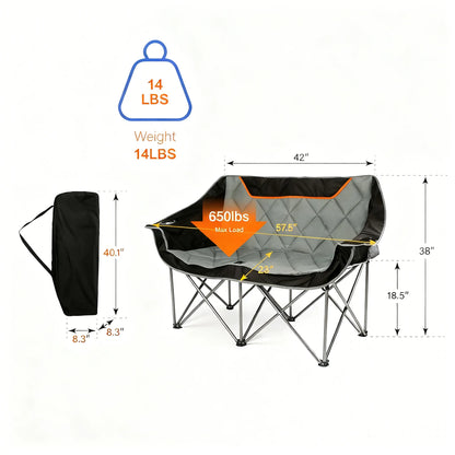 Fully Padded Folding Camping Couch, Oversized Two-Person Chair with Cup Holders, Heavy Duty 650 lb Capacity, Black