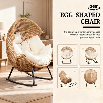 PE Rattan Rocking Egg Chair, Oversized Patio Lounge with Cushion for Backyard, Garden & Indoor Spaces (Beige)