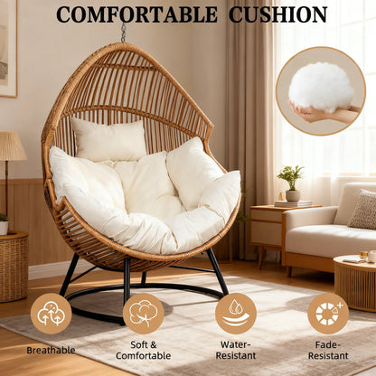 PE Rattan Rocking Egg Chair, Oversized Patio Lounge with Cushion for Backyard, Garden & Indoor Spaces (Beige)