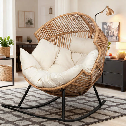PE Rattan Rocking Egg Chair, Oversized Patio Lounge with Cushion for Backyard, Garden & Indoor Spaces (Beige)
