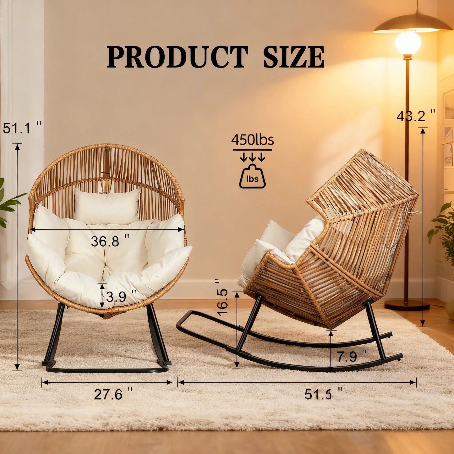 PE Rattan Rocking Egg Chair, Oversized Patio Lounge with Cushion for Backyard, Garden & Indoor Spaces (Beige)