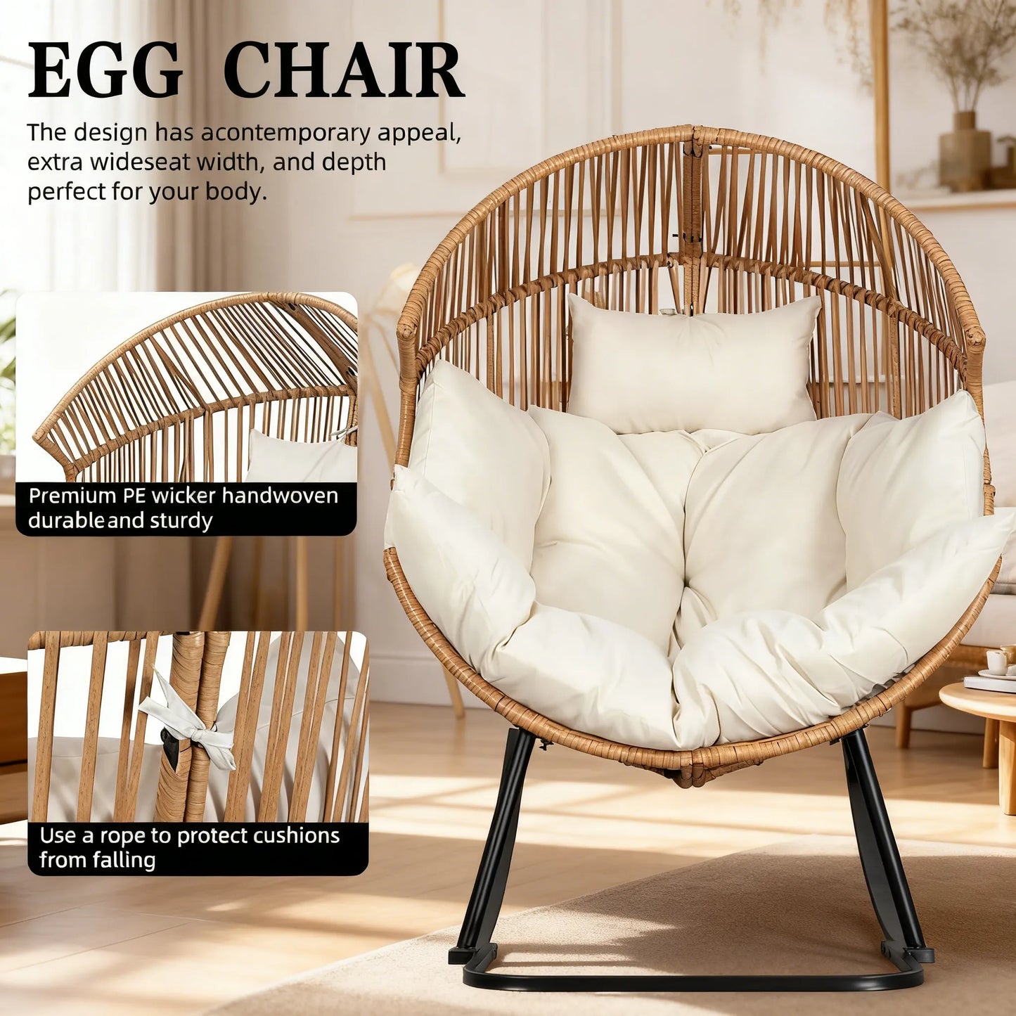 PE Rattan Rocking Egg Chair, Oversized Patio Lounge with Cushion for Backyard, Garden & Indoor Spaces (Beige)
