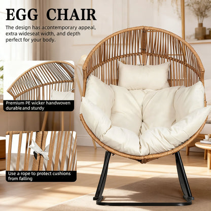 PE Rattan Rocking Egg Chair, Oversized Patio Lounge with Cushion for Backyard, Garden & Indoor Spaces (Beige)