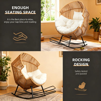 PE Rattan Rocking Egg Chair, Oversized Patio Lounge with Cushion for Backyard, Garden & Indoor Spaces (Beige)