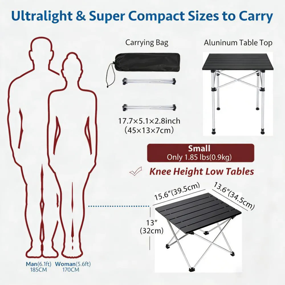 Portable Folding Table for Camping, Beach & BBQ, Aluminum Surface (Compact)