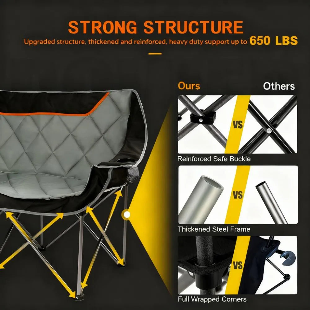 Fully Padded Folding Camping Couch, Oversized Two-Person Chair with Cup Holders, Heavy Duty 650 lb Capacity, Black